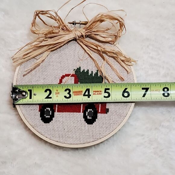 Handmade Cross-stitched Red Truck w Christmas Tree, Approximately 6.25" diameter - Picture 2 of 3